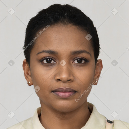 Neutral black young-adult female with short  black hair and brown eyes