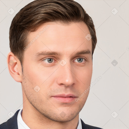 Neutral white young-adult male with short  brown hair and grey eyes