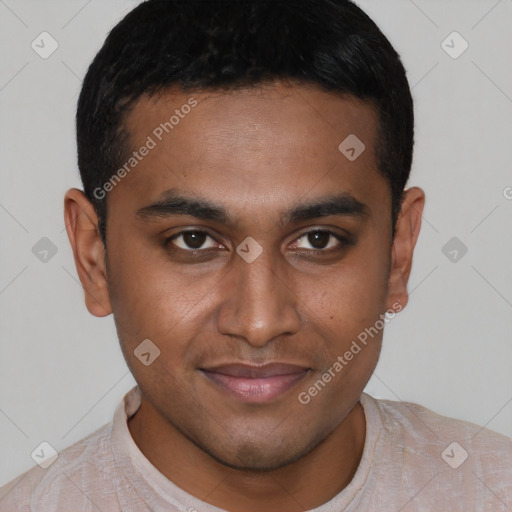 Joyful black young-adult male with short  brown hair and brown eyes