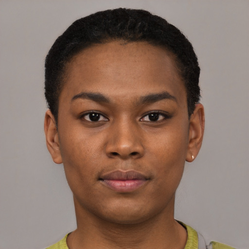 Neutral black young-adult female with short  black hair and brown eyes