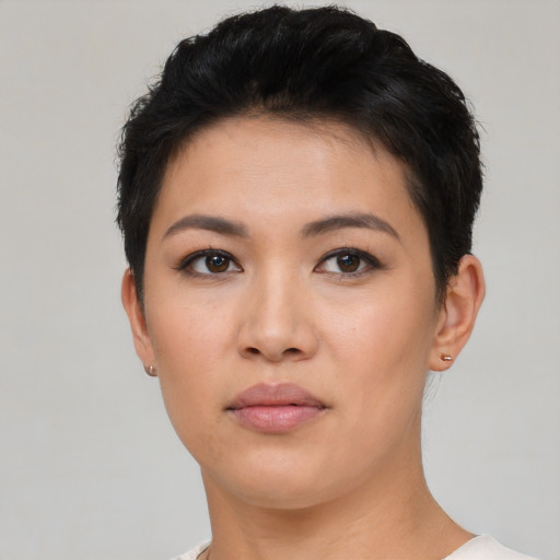 Neutral asian young-adult female with short  black hair and brown eyes