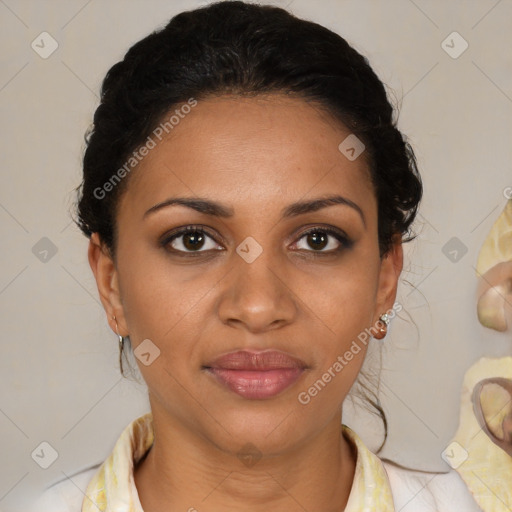 Joyful black young-adult female with medium  brown hair and brown eyes