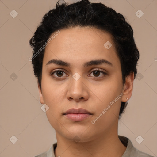 Neutral latino young-adult female with short  black hair and brown eyes