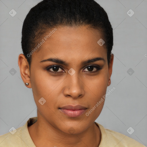 Joyful black young-adult female with short  brown hair and brown eyes