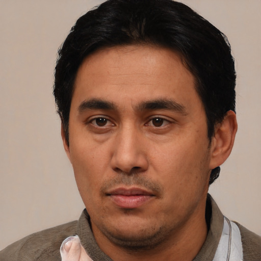Neutral asian young-adult male with short  black hair and brown eyes