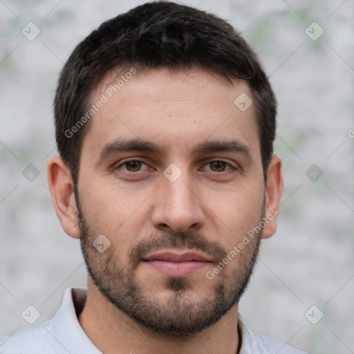 Neutral white young-adult male with short  brown hair and brown eyes