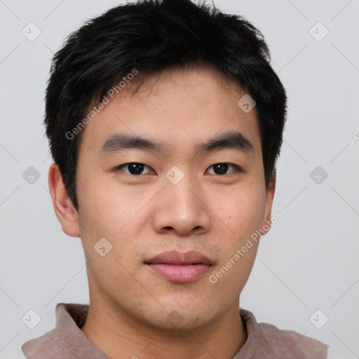 Neutral asian young-adult male with short  brown hair and brown eyes