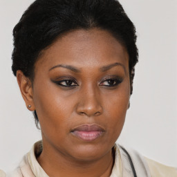 Neutral black young-adult female with short  brown hair and brown eyes