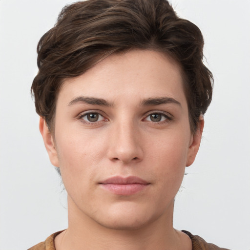 Neutral white young-adult female with short  brown hair and grey eyes