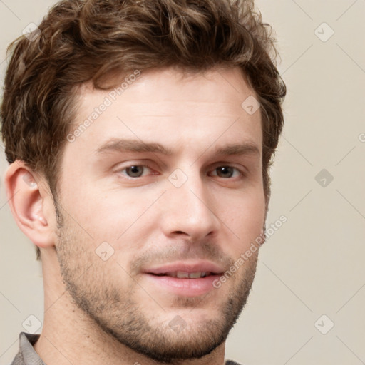 Neutral white young-adult male with short  brown hair and grey eyes