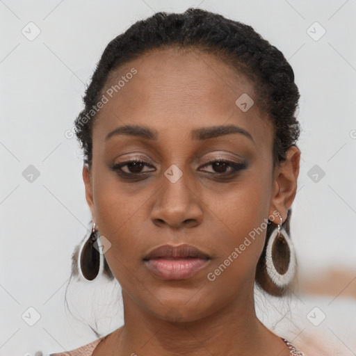 Neutral black young-adult female with short  brown hair and brown eyes