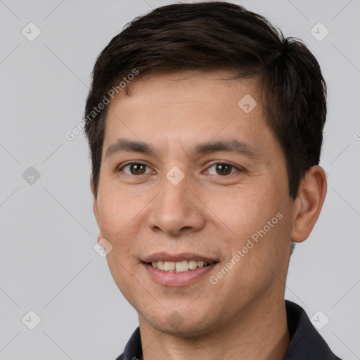 Joyful white young-adult male with short  brown hair and brown eyes