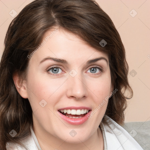 Joyful white young-adult female with medium  brown hair and blue eyes