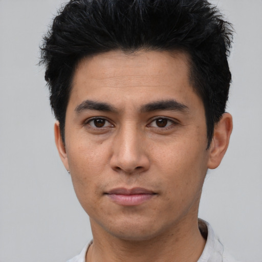 Neutral asian young-adult male with short  black hair and brown eyes