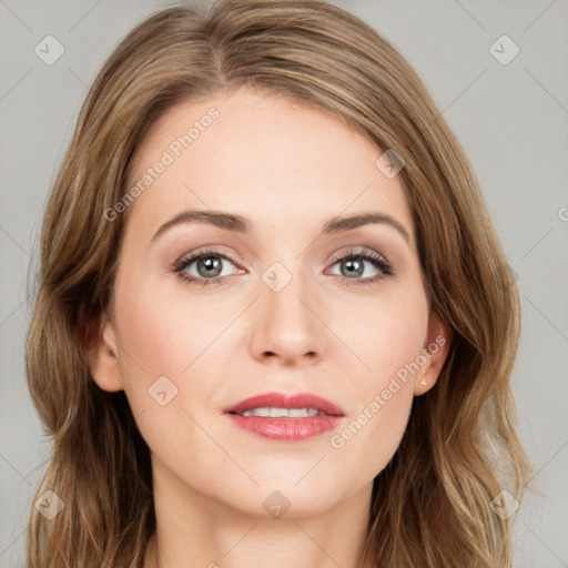 Joyful white young-adult female with long  brown hair and blue eyes