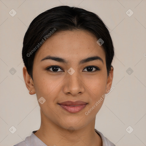 Joyful asian young-adult female with short  brown hair and brown eyes