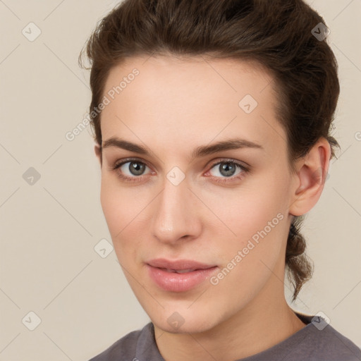 Neutral white young-adult female with short  brown hair and brown eyes