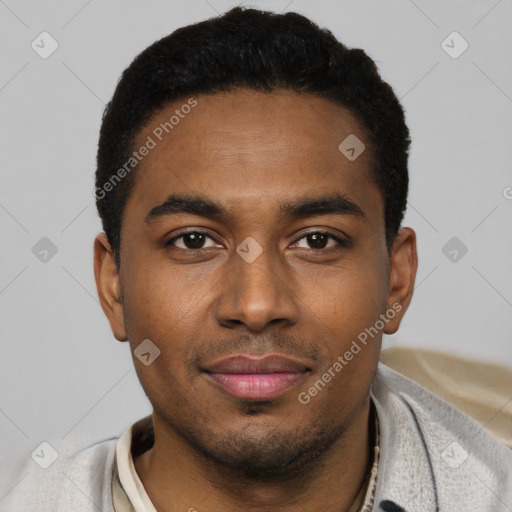 Neutral black young-adult male with short  black hair and brown eyes