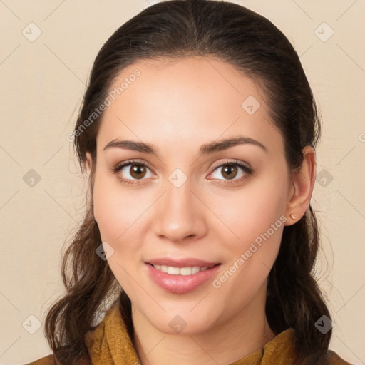 Joyful white young-adult female with long  brown hair and brown eyes