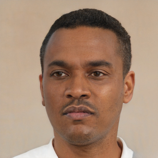 Neutral black young-adult male with short  black hair and brown eyes