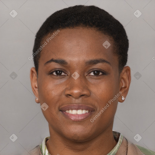 Joyful black young-adult female with short  brown hair and brown eyes