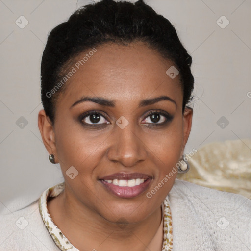 Joyful black young-adult female with short  brown hair and brown eyes