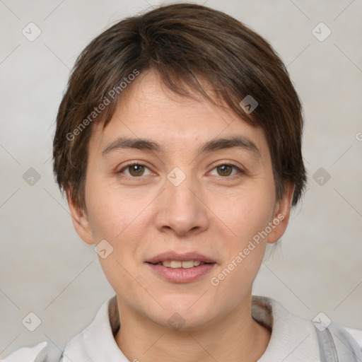 Joyful white young-adult female with short  brown hair and brown eyes