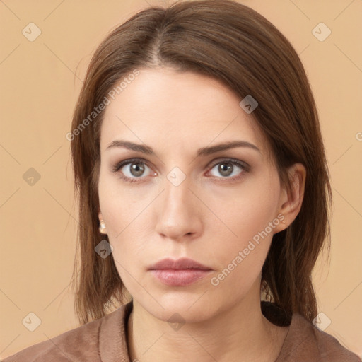 Neutral white young-adult female with medium  brown hair and brown eyes