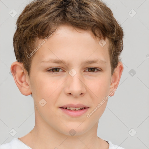 Joyful white child male with short  brown hair and brown eyes