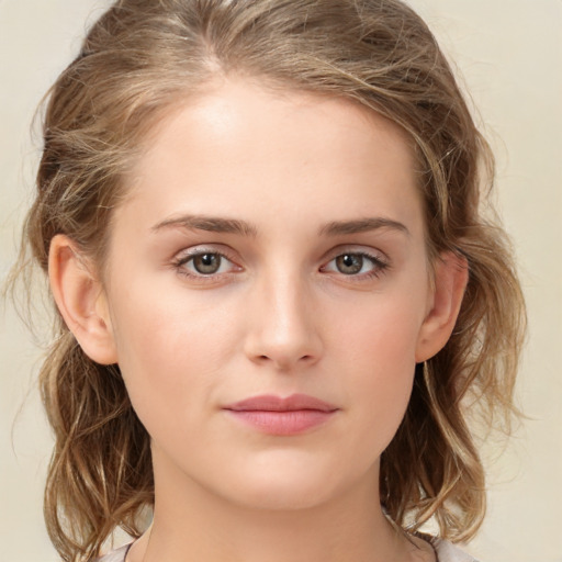 Neutral white young-adult female with medium  brown hair and green eyes