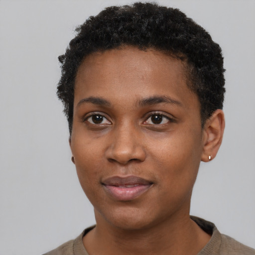 Neutral black young-adult female with short  black hair and brown eyes
