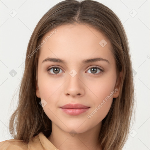 Neutral white young-adult female with long  brown hair and brown eyes