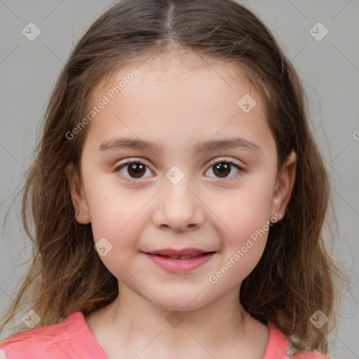 Joyful white child female with medium  brown hair and brown eyes