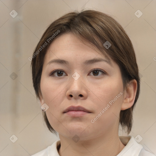 Neutral white young-adult female with medium  brown hair and brown eyes