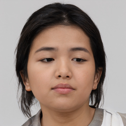 Neutral asian young-adult female with medium  brown hair and brown eyes