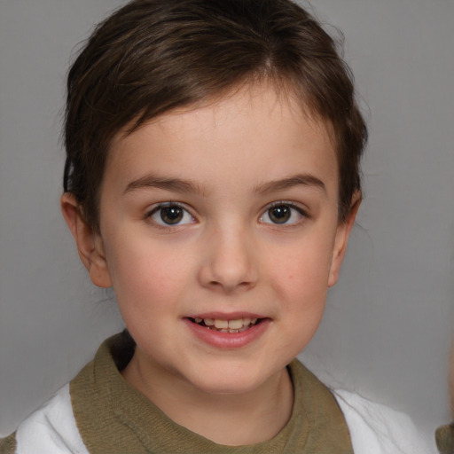 Joyful white child female with medium  brown hair and brown eyes