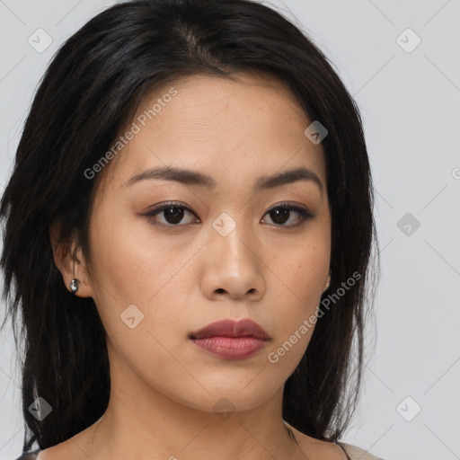 Neutral asian young-adult female with medium  brown hair and brown eyes