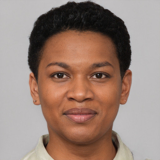 Joyful black young-adult female with short  black hair and brown eyes