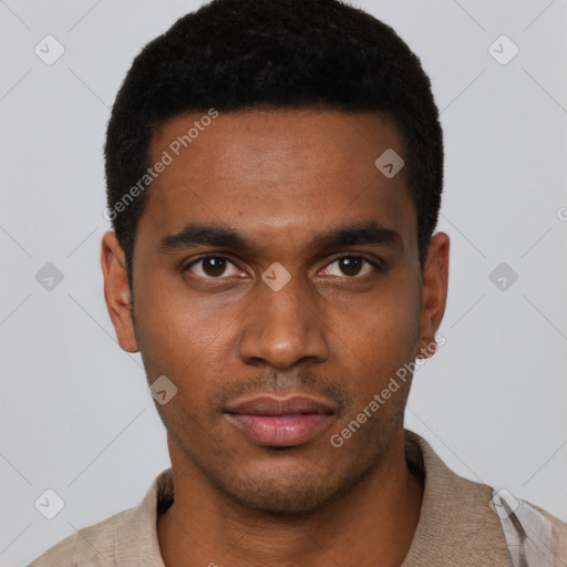 Neutral black young-adult male with short  black hair and brown eyes