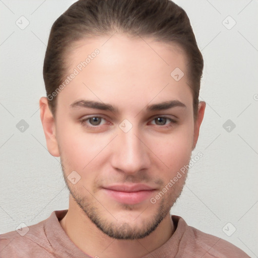 Neutral white young-adult male with short  brown hair and brown eyes