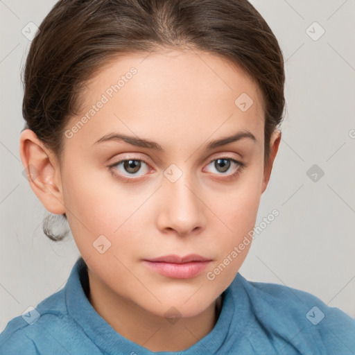 Neutral white young-adult female with short  brown hair and grey eyes