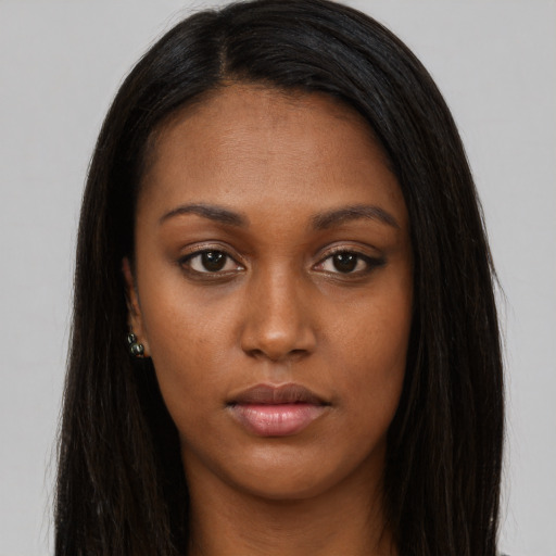 Neutral asian young-adult female with long  brown hair and brown eyes