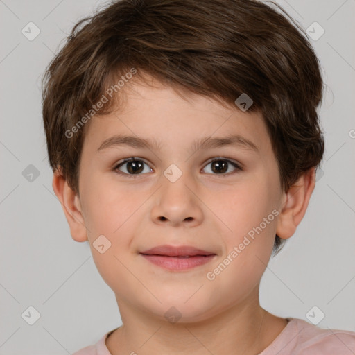 Joyful white child male with short  brown hair and brown eyes