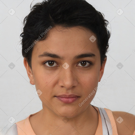 Neutral latino young-adult female with short  brown hair and brown eyes