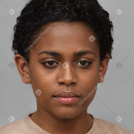 Neutral black young-adult female with short  brown hair and brown eyes