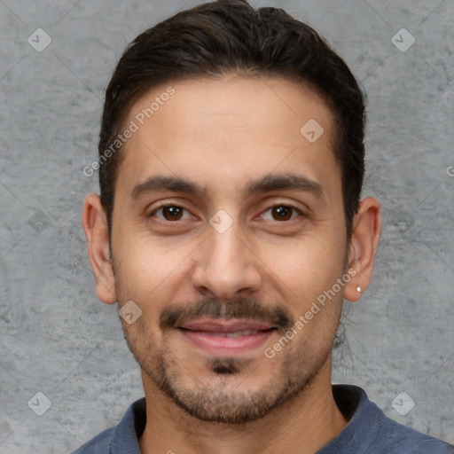 Joyful white young-adult male with short  brown hair and brown eyes