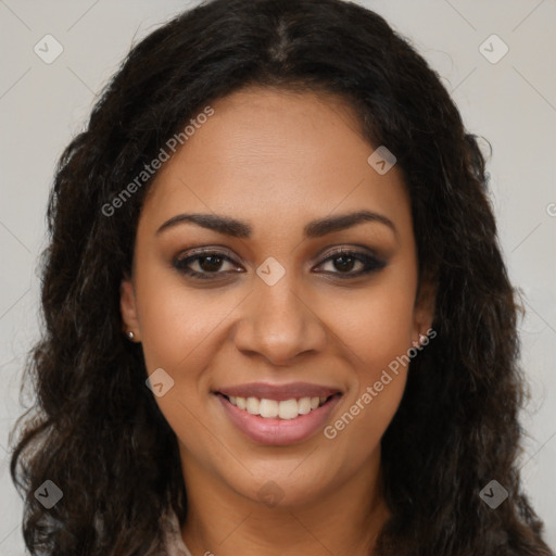 Joyful latino young-adult female with long  brown hair and brown eyes