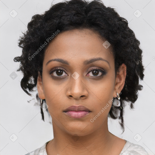 Neutral black young-adult female with short  black hair and brown eyes