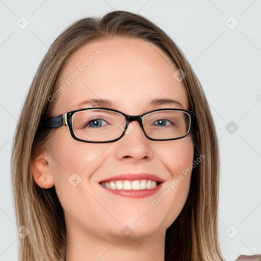 Joyful white young-adult female with long  brown hair and blue eyes