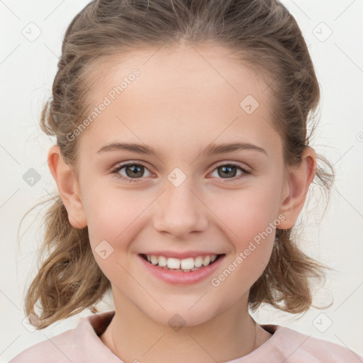 Joyful white child female with medium  brown hair and brown eyes